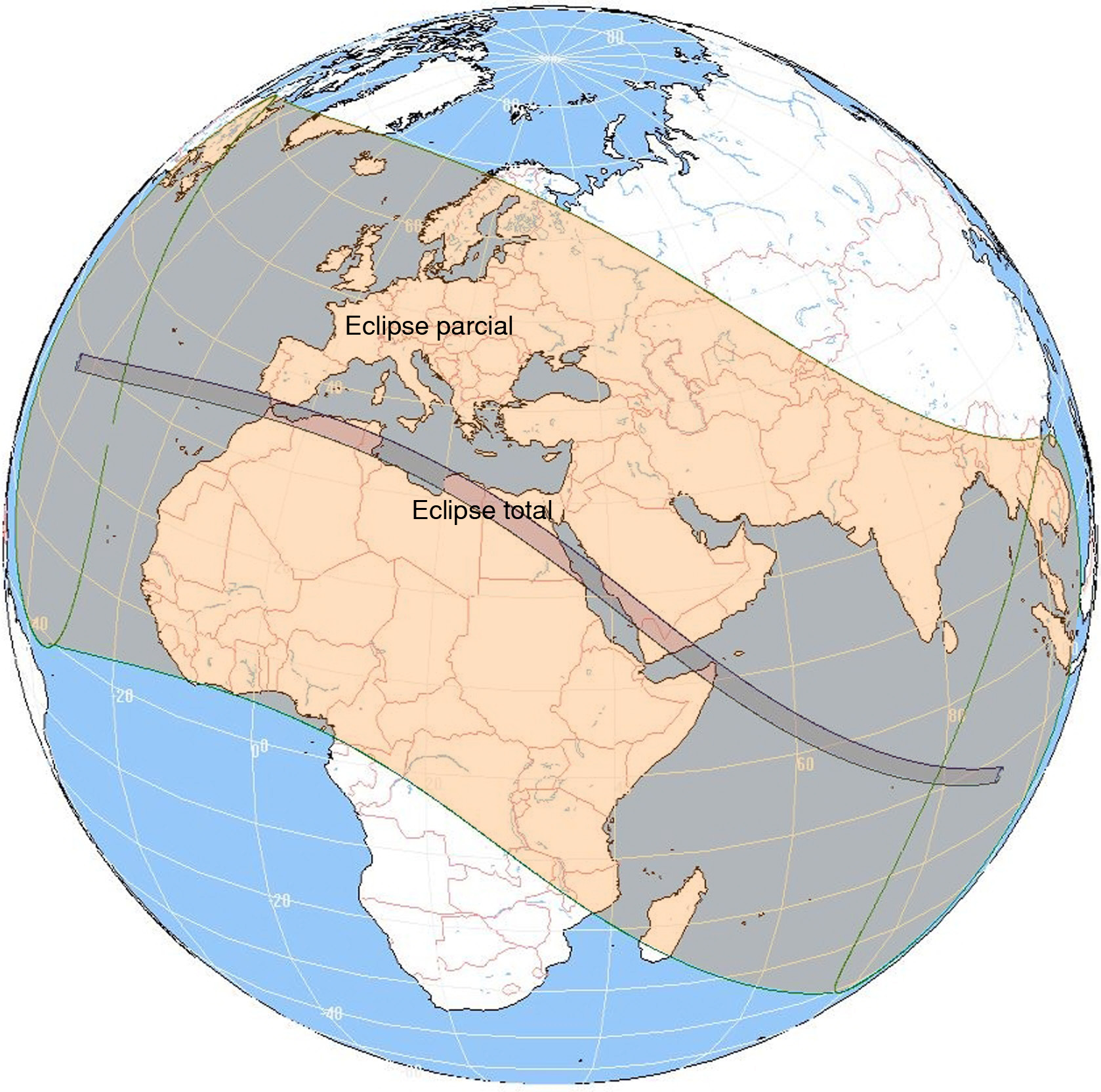 Mapa global del eclipse total del 2 de agosto de 2027, con la franja de totalidad cruzando el estrecho de Gibraltar, el norte de África y Oriente Medio